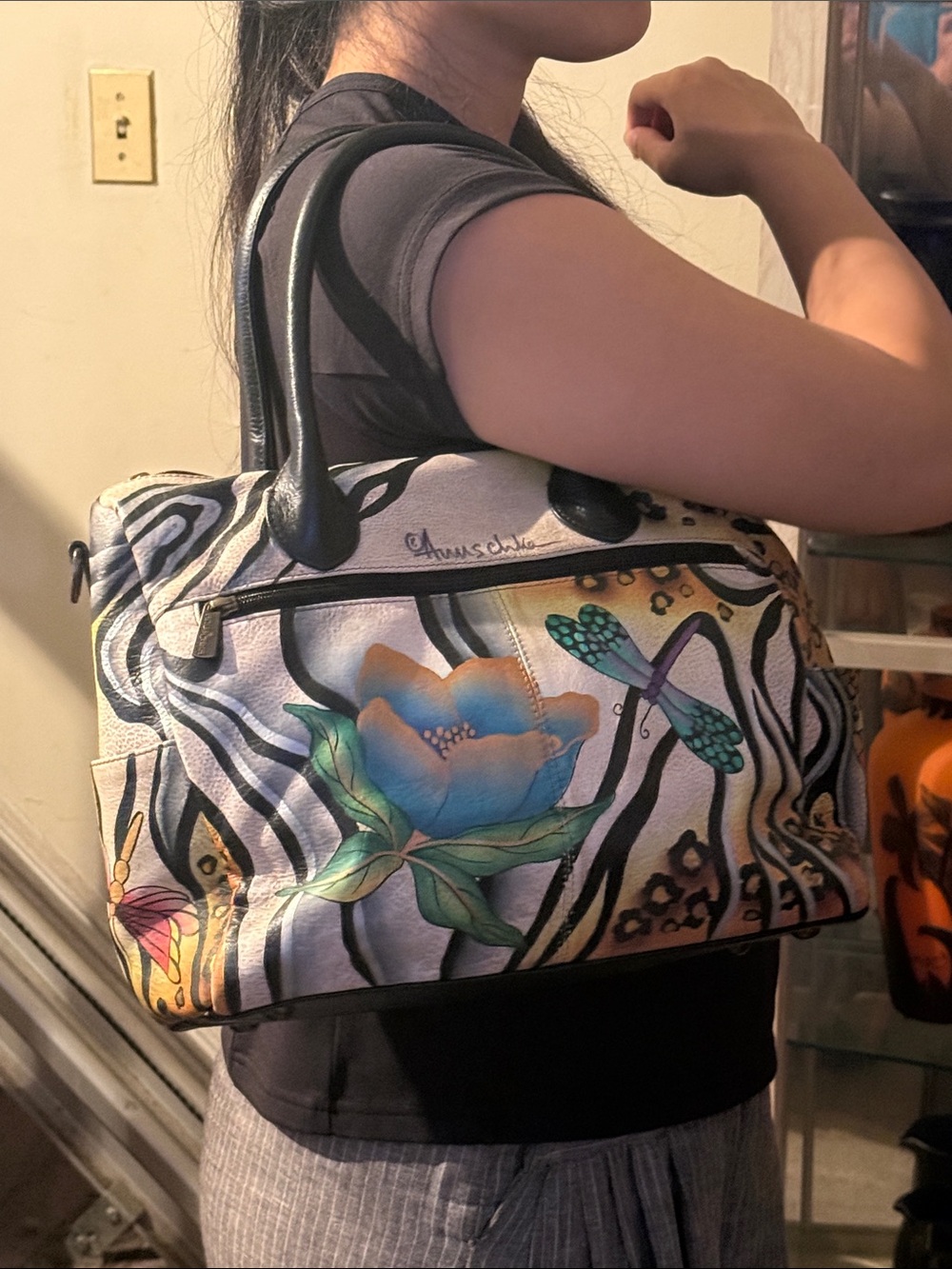 Anuschka Multicolor Floral & Zebra Print Leather Tote with Black Handles